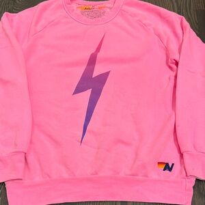 Aviator Nation hot pink crewneck with ombré lightning bolt SIZE M